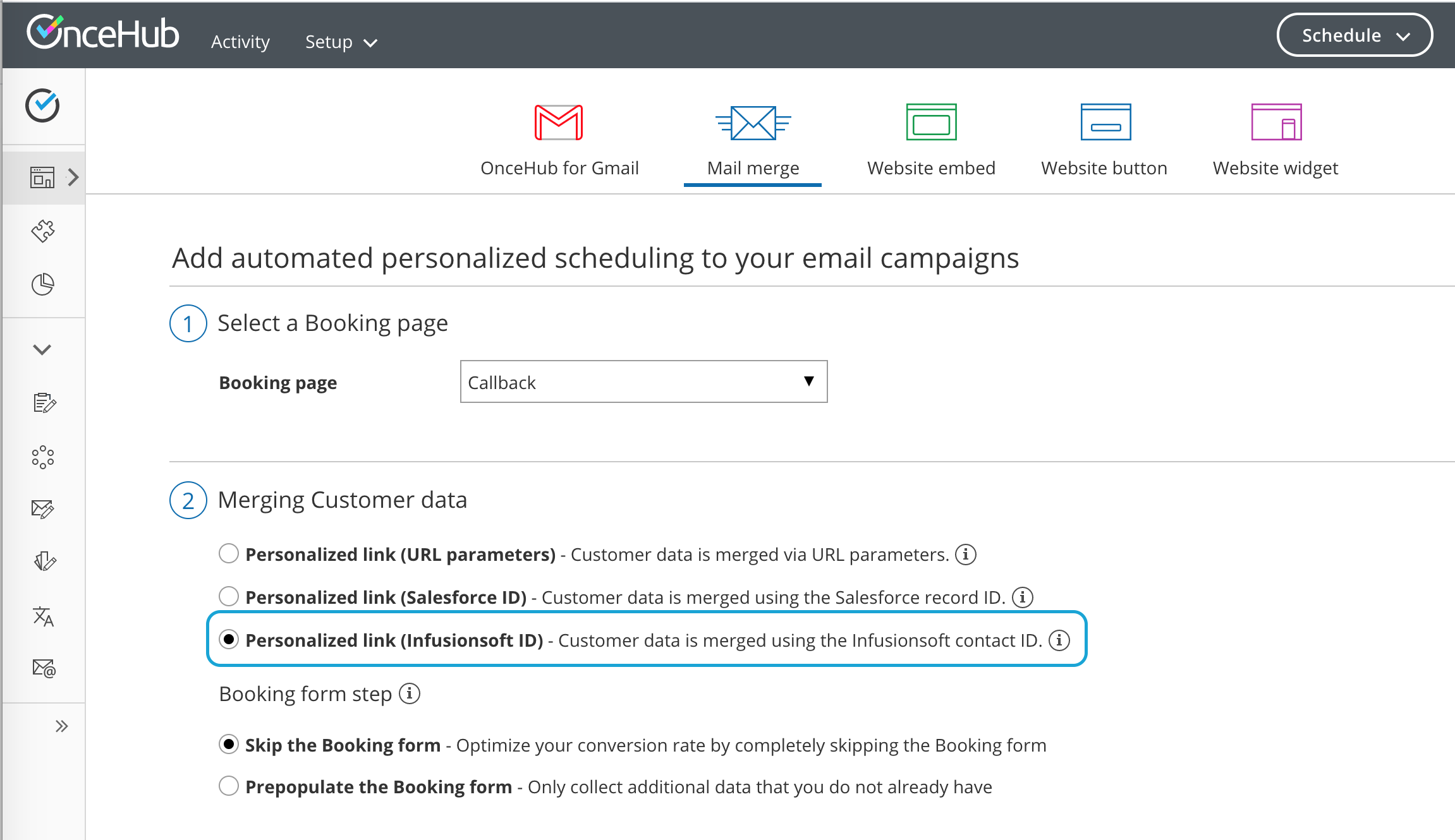 Figure 1: Selecting the Infusionsoft ID personalized link option